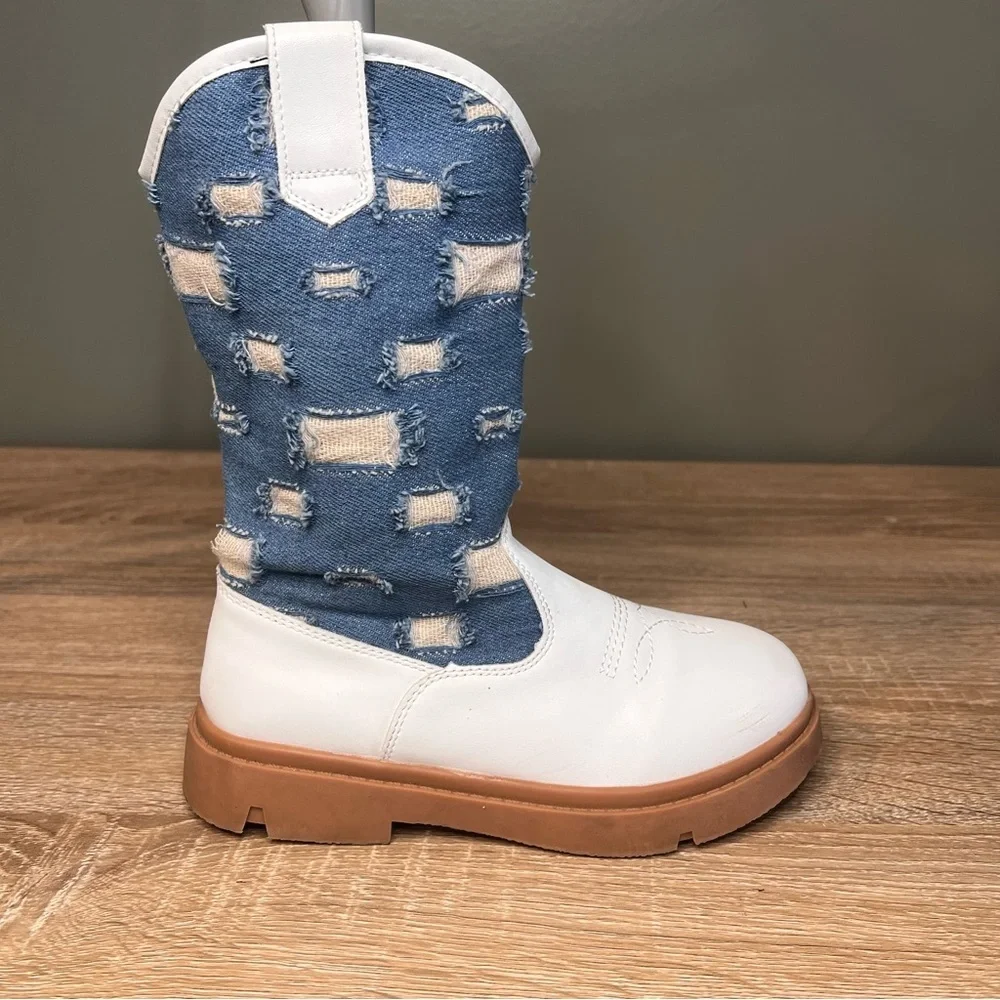 Girls White & Denim Distressed Zip Boots – Size 1
